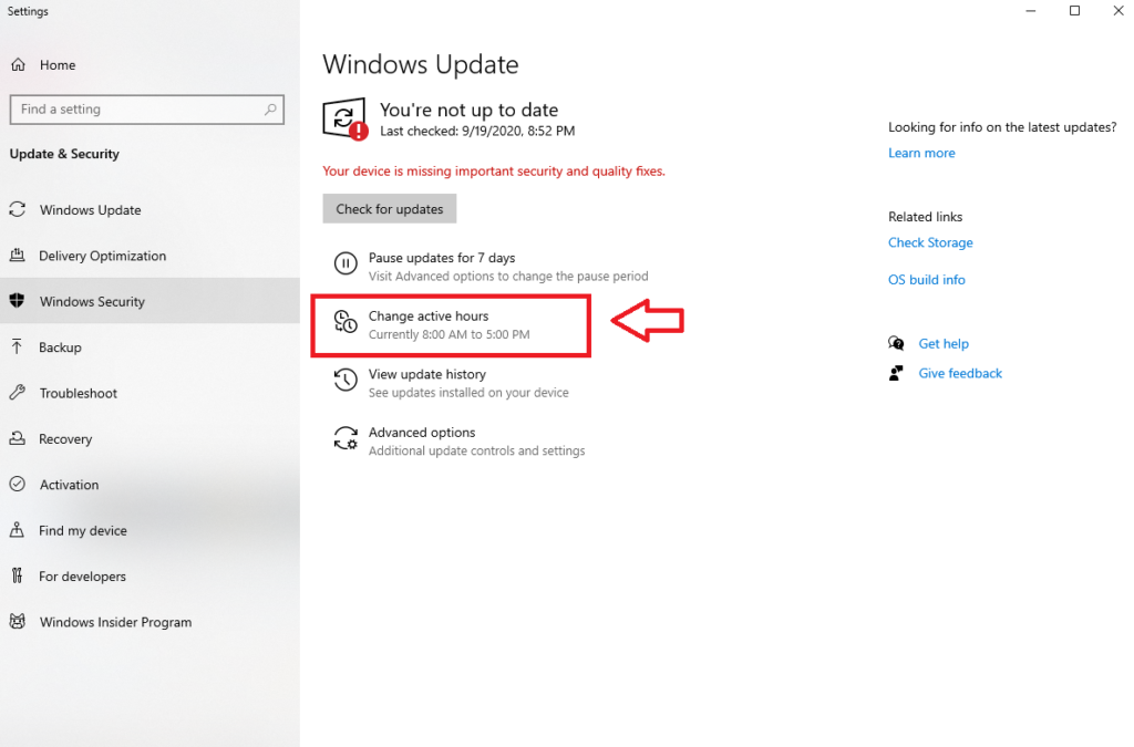 Change active hours in Windows 10