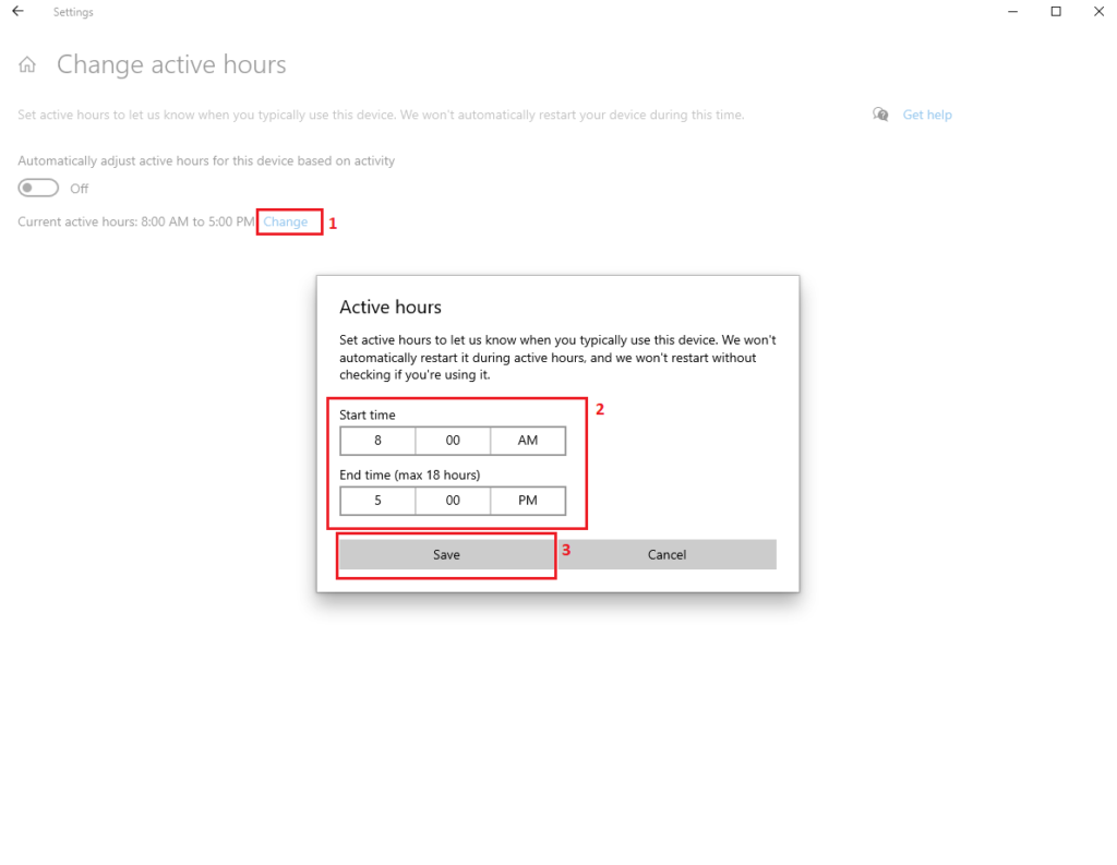 Change updates time in windows 10