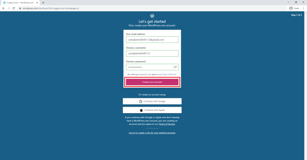 Create account on WordPress