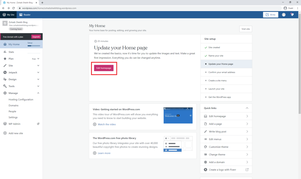 Edit homepage in WordPress